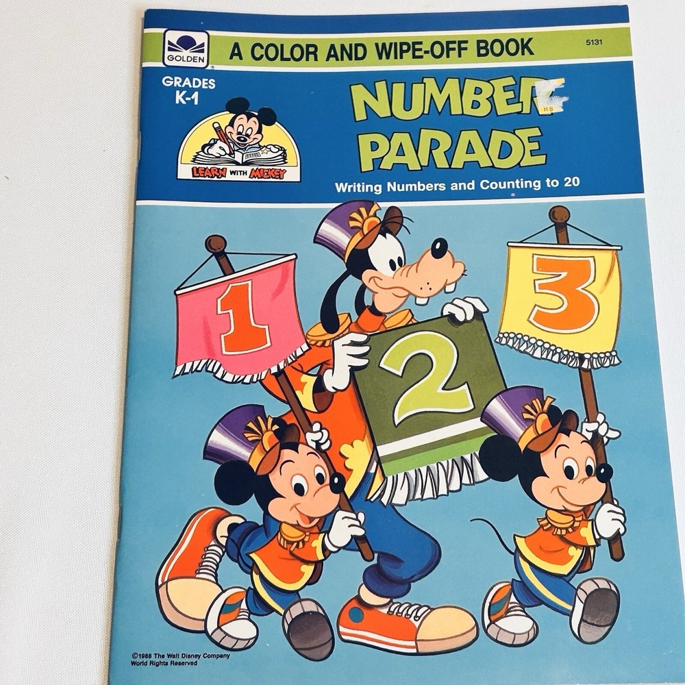 Vintage 1988 Disney Mickey Mouse Number Parade Color Wipe-off Book Golden Books